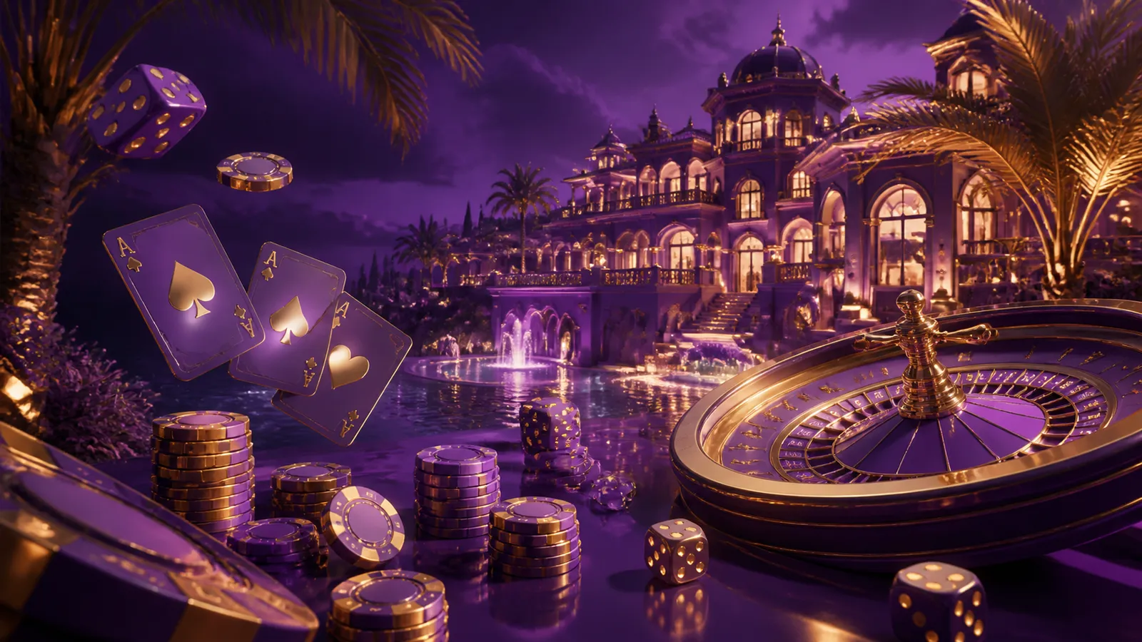 Stunning casino banner for Villaspin with glowing poker chips, cards, and roulette wheel in luxurious color palette.