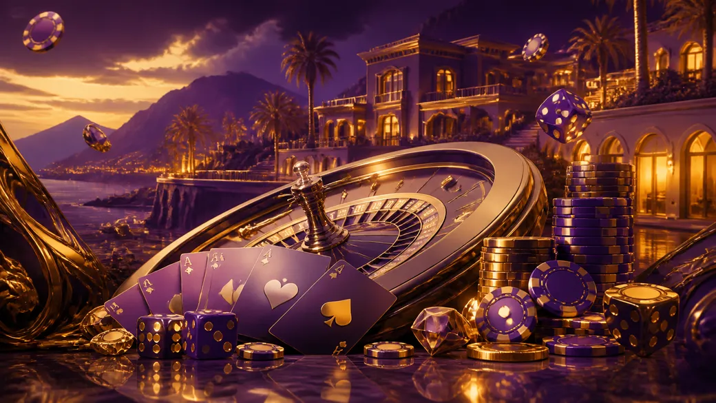 Luxury casino-themed banner for Villaspin, featuring elegant poker chips, glowing dice, and a vibrant roulette wheel in a 3D 